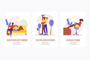 People reading book concept onboarding screens. Man and woman read at home or outdoors and develop thinking. Modern UI, UX, GUI user interface kit with people scene for web design.