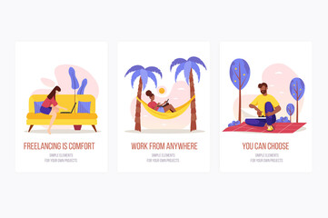 Freelance concept onboarding screens. Freelancers work remotely from comfortable homes or resorts online. Modern UI, UX, GUI user interface kit with people scene for web design.
