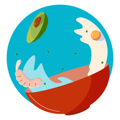 bowl with sauce, shrimp, avocado, and egg, vector illustration in blue colors