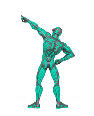 super hero is pointing up and showing the way in an exosuit rear view