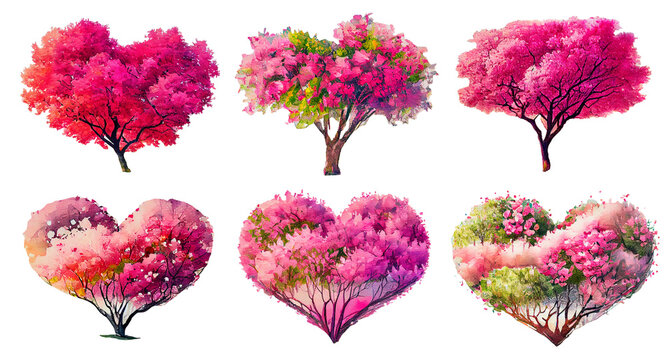 set of trees in bloom, shapes of heart, isolated watercolor illustration for valentine, Generative AI