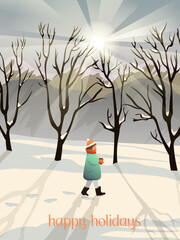 Winter landscape. Woman walking in the forest with a cup of coffee. Happy holidays. Winter greetings card