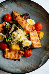 salad of grilled salmon, vegetables and herbs