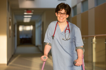 Man with congenital blindness exiting an elevator
