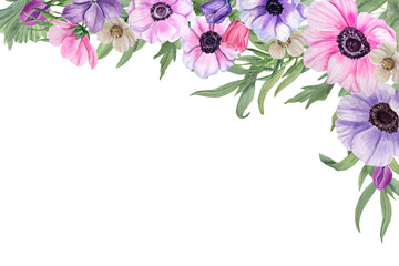 Watercolor anemones isolated on white background. Botanical painting for postcard design, invitation template, Valentine day, birthday, mother day cards, wedding invitation