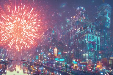 fireworks over the city, created with AI technology