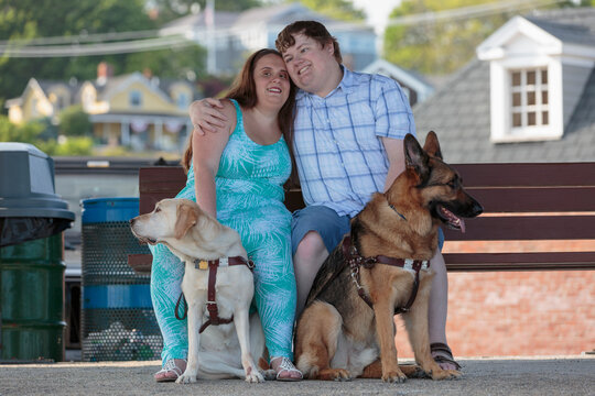 Blind couple hugging each other with their service dogs relaxing at a bench on the beach