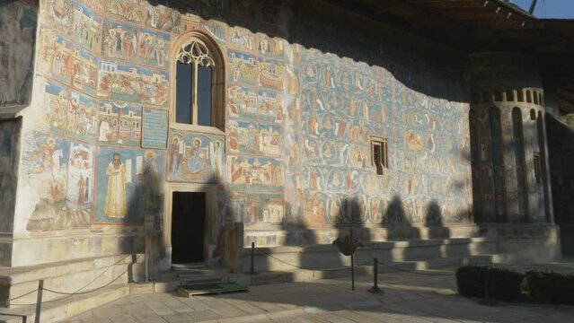 Exterior view of the famous medieval wall-painted Voronet monastery