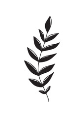 Fototapeta premium Silhouette of branch with leaves and stem in black isolated on white background. Hand drawn vector illustration in doodle line modern trendy style. Floral design, botanical, print, decorative.