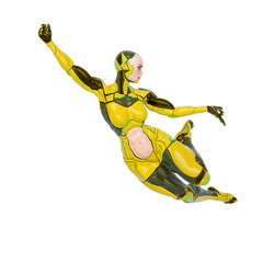 super cyborg girl is doing a swing pose like a comic hero in front view