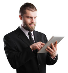 Worker hands holding a digital tablet