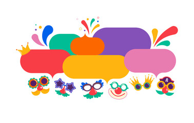 Colorful Speech Bubbles, street art, carnival concept design with funny masks, fun costumes. Colorful background with splashes, speech bubbles, masks and confetti 