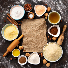 Ingredients for Gluten Free Cookies or Bread on Brown Wooden Background.