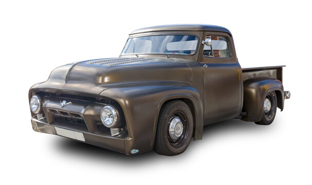 The American Hot rod car Ford F100 Pickup 1954 model year. White background.