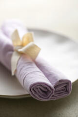 View of rolled up linen napkins