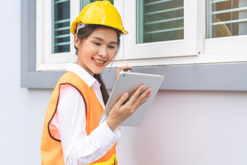 Building inspection, contractor asian young woman using touchpad inspecting home, reconstructed...