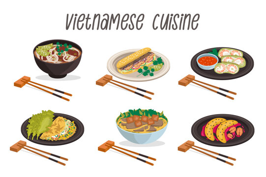 Vietnamese cuisine. Pho soup, spring rolls, ban kheo, cao lau, ban mi, baked bananas with wooden sticks. Vector graphic.