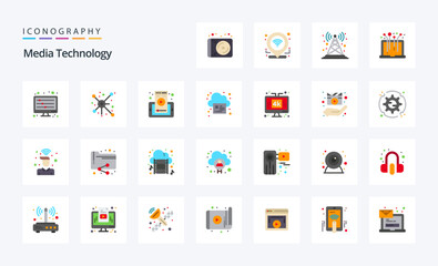 25 Media Technology Flat color icon pack