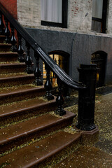 Brownstone house in New York. Typical exterior steps and doors on residential homes in the Chelsea...