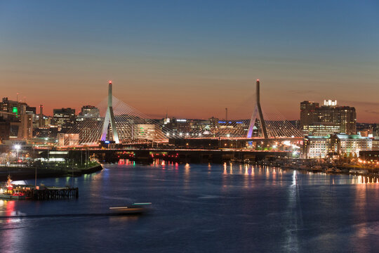 Bridge across a river, Leonard P. Zakim Bunker Hill Bridge, Charles River, Boston, Massachusetts, USA