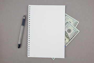 Top view photo of blank notepad with dollars and pen