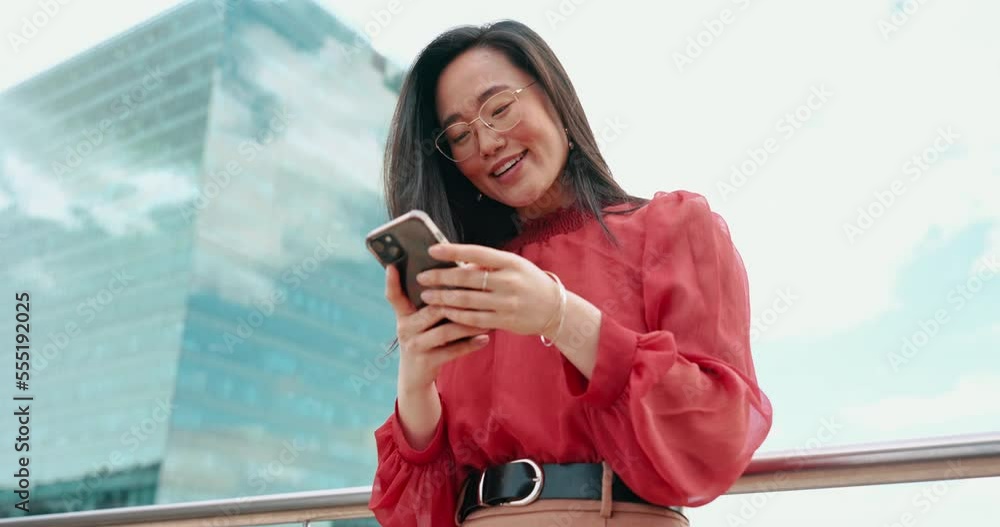 Sticker Asian woman, smile and typing on smartphone in city for social media, streaming news or reading conversation online. Phone, young girl and creative designer relax outdoor for break on mobile app