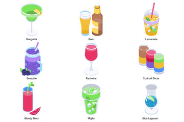 Beverages concept 3d isometric icons set. Pack elements of margarita, beer, lemonade, smoothie, red wine, shots, bloody mary, mojito and blue lagoon. Illustration in modern isometry design