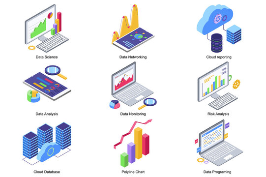 Data science concept 3d isometric icons set. Pack elements of networking, cloud reporting, risk analysis, monitoring , database, chart and programming. Illustration in modern isometry design
