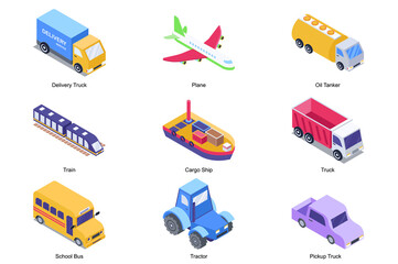 Transport concept 3d isometric icons set. Pack elements of delivery truck, plane, oil tanker, train, cargo ship, car, school bus, tractor and pickup. Illustration in modern isometry design