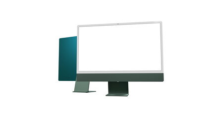 Realistic 3D Computer, with a white screen, isolated on a background