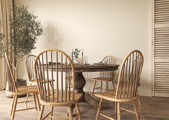 Farmhouse beige dining room interior with furniture. Scandinavian boho style. 3D rendering of a wall frame mockup. High quality illustration.