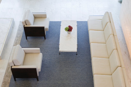 Elevated view of flowerpot on coffee table in an office.