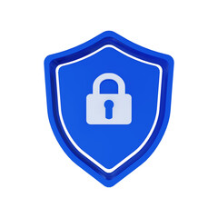 Blue shield with lock 3d rendering illustration