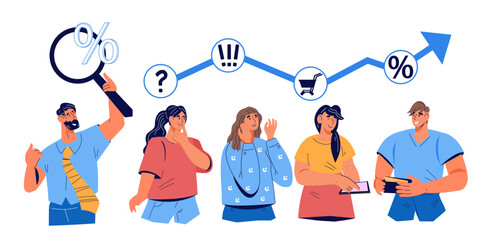 Customers behavior study, creating customer interest in the product and increasing sales. Marketing Strategy for target audience development, flat vector illustration isolated on white background.