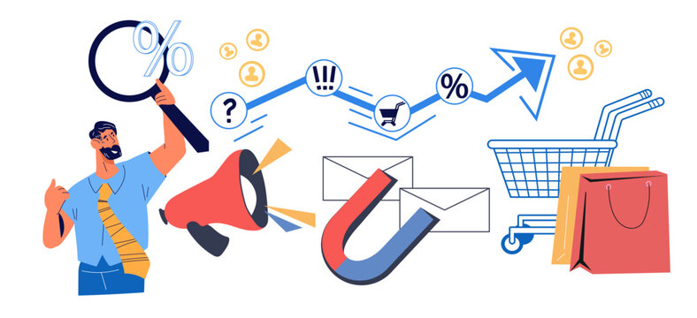 Customers behavior research for increasing customer interest in the product and sales growth. Marketing Strategy for target audience, flat vector illustration isolated on white background.