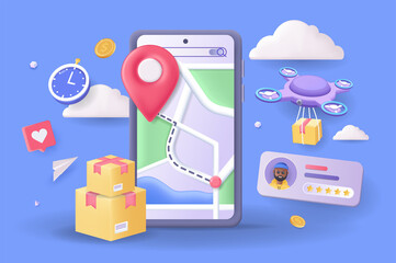 Online delivery tracking concept 3D illustration. Icon composition with smartphone display with map, shopping and order delivery service with flying drone. Illustration for modern web design