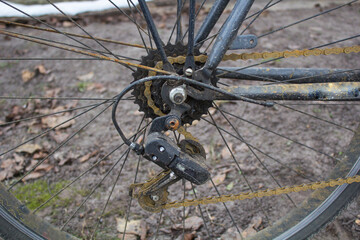 Bicycle with a rusty bicycle chain, sprockets, ratchet