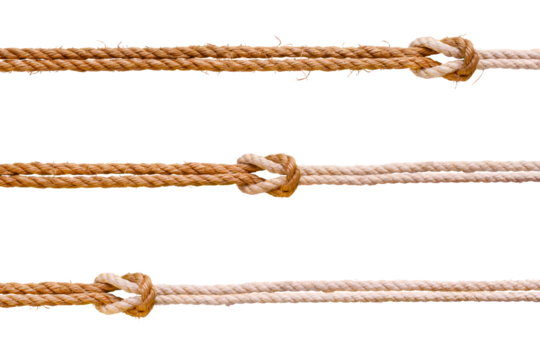 Three rough ropes with reef knot set. Png isolated with transparency
