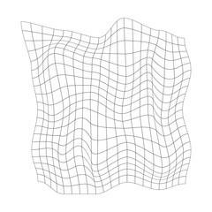 Distorted square grid. Mesh warp texture. Bented net isolated on white background. Curvatured lattice. Checkered pattern deformation