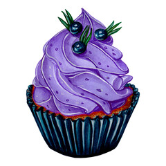 Purple blueberry muffin with whipped cream, a delicious dessert. Watercolor illustration of food isolated on a white background