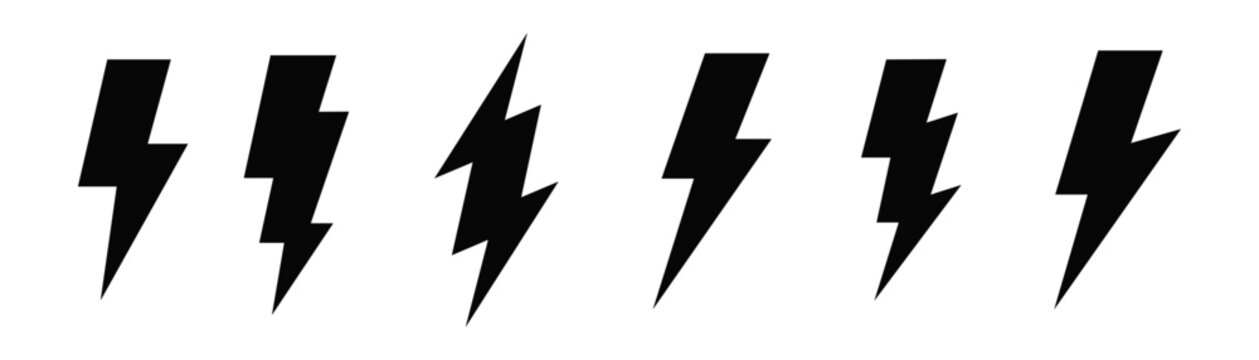 Black color lightning bolt collection set. Thunderbolt flat design style isolated on white background. Vector, 2023