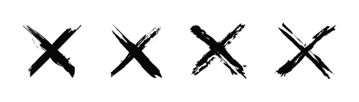 Set of cross signs with grunge. Red cross X mark collection. Black cross signs are isolated on white background. Vector, 2023
