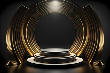 Stage podium scene for Award celebration on black background with lighting, 3D render.