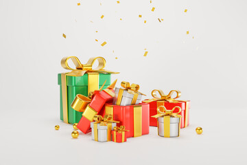3D Rendering. Celebration concept. a set of gift boxes of various colors red white and green 3d. a festival of boxes of presents. Merry Christmas, Marry New Year, Xmas. on background front