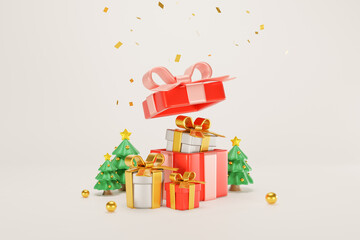 3D Rendering. Celebration concept. a set of gift boxes of various colors red white green and a Chrismas tree mini 3d. Merry Christmas, Marry New Year, Xmas. on background front
