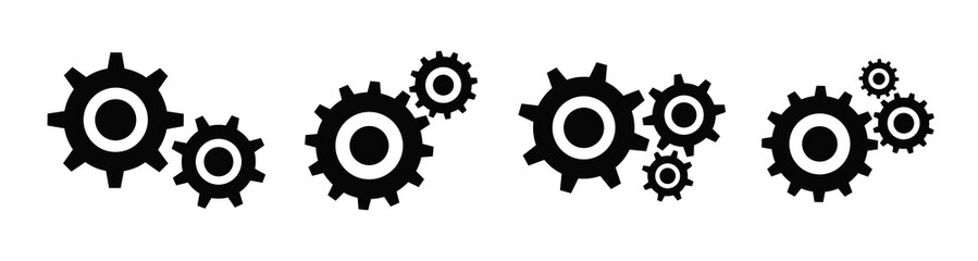 Black color gear icons collection set. Black gear icons. Vector, 2023