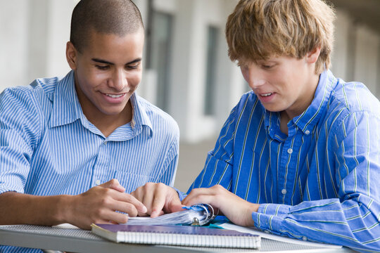 Two teenage boys studying together