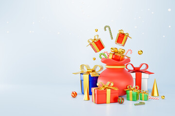 3D Rendering. Celebration concept. Colorful gift boxes and Santa's gift bags 3d. Decorated with gold beads, gold cone, candy, and snow. Merry Christmas, Marry New Year, Xmas. on background free space