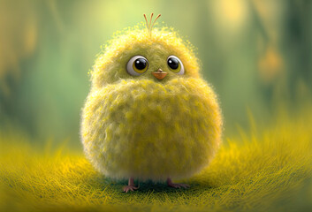 Little fluffy chick, yellow fantasy baby chicken, adorable small birdie, illustration, yellow, green spring, easter, illustration, generative AI
