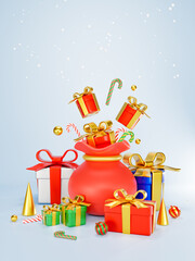 3D Rendering. Celebration concept. Colorful gift boxes and Santa's gift bags 3d. Decorated with gold beads, gold cone, candy, and snow. Merry Christmas, Marry New Year, Xmas. on background vertical